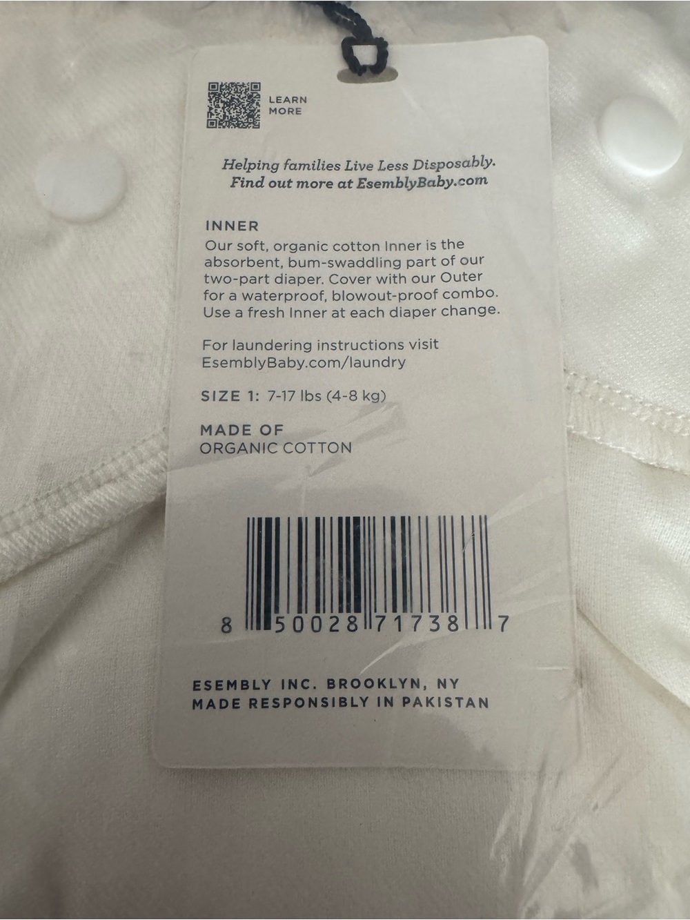 Assembly Organic Cotton White Cloth Diaper Inner Covers - White 2 pack - Picture 4 of 6